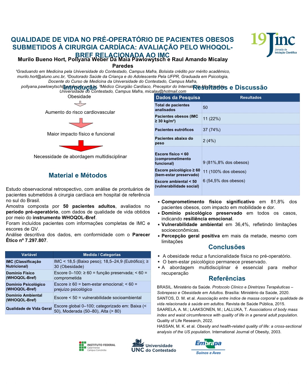 QUALIDADE DE VIDA NO PRÉ-OPERATÓRIO DE PACIENTES OBESOS SUBMETIDOS À CIRURGIA CARDÍACA: AVALIAÇÃO PELO WHOQOL-BREF RELACIONADA AO IMC